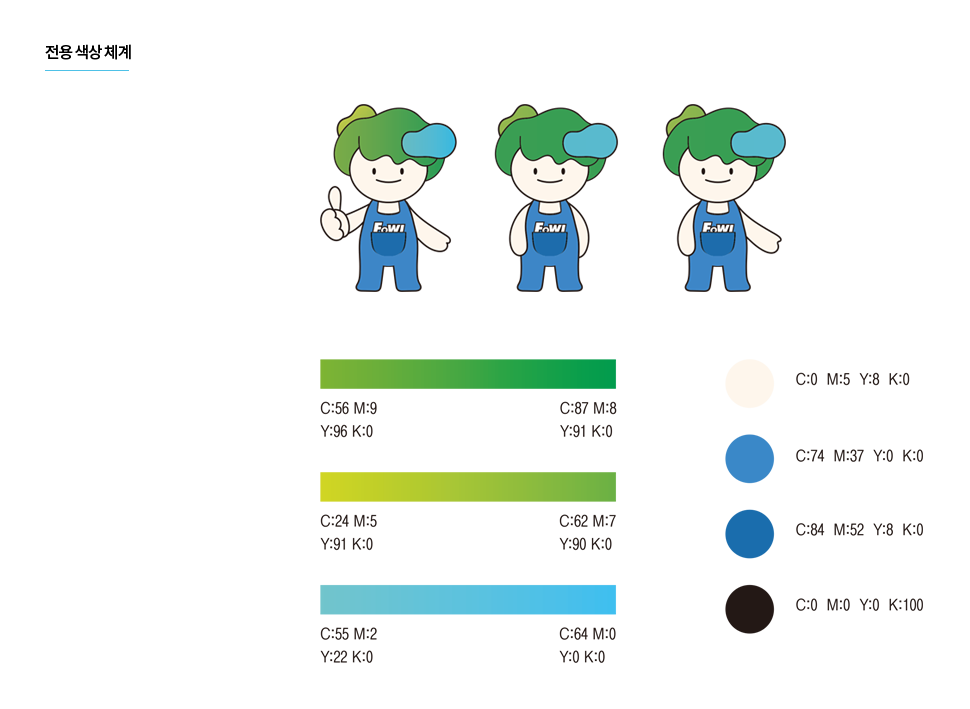 FOWI 캐릭터 전용 색상 체계: 초록색, 연두색, 파랑색